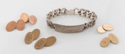 Two pairs of 9ct gold cufflinks (12.2 grams total), together with a pair of gold plated cufflinks and a sterling silver name bracelet engraved "Bernard" (53 grams), (4 items).