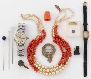 LONGINES automatic wristwatch in stainless steel case with baton numerals; together with a ladies watch, three hatpins, an orange bakelite thimble, cat charm, coral and costume pearl necklace, a Scottish style clasp, a gaming top, and an opal doublet, 20th century, (11 items).