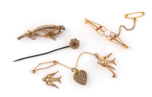 Two antique 9ct gold bar brooches, set with pearls and coloured stones; together with a 9ct gold lapel brooch with seed pearls adorning swallows and heart (A/F), plus a 9ct gold floral style stick pin, set with red stone and seed pearls, 19th/20th century, (4 items), 10 grams total (not including stickpin).