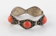 A vintage Chinese filigree silver and coral bracelet, 20th century, ​​​​​​​19cm long, 55 grams total.