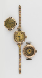 Three assorted vintage wristwatches in 9ct gold cases, A/F, early to mid 20th century.