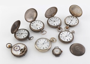 Seven assorted antique silver cased pocket watches and a silver cased wristwatch, A/F, 19th/20th century, (8 items).