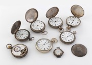 Seven assorted antique silver cased pocket watches and a silver cased wristwatch, A/F, 19th/20th century, (8 items).