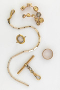 A 9ct gold ring with engraved decoration, a 9ct gold bulldog clasp and bar (joining link not gold), a silver gilt ring with cut stone, costume jewellery chain and piece with cut paste stones, (5 items), ​​​​​​​approximately 6 grams gold weight.