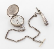 ROTHERHAMS antique sterling silver full hunter cased pocket watch on sterling silver fob chain with cigar mouth piece holder fob, 19th century, the watch 7cm high including bow.