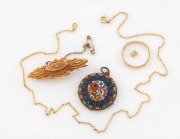 An antique 9ct gold and diamond bar brooch (3.5 grams total); together with a 14ct gold wedding band (2.9 grams), a 9ct gold earring back, a micro-mosaic Italian pendant and a gold plated necklace, (5 items).
