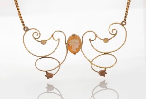 A 9ct gold choker necklace with cameo pendant section, 20th century, 37cm long, the pendant section 5.5cm wide, 6.6 grams total.