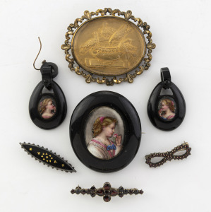 Antique brooches and earrings, set in silver, jet and pinchbeck, 19th century, (6 items), the pinchbeck brooch 6.5cm wide.