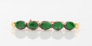 A Chinese 14ct gold bracelet, set with five cabochon jade stones, each mounted in gilded silver, stamped "14" with seal mark, ​​​​​​​8.1 grams total. - 2