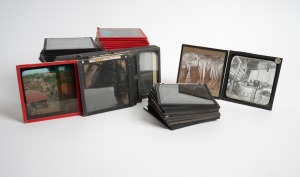 Group of sixty-three c. 1900s 8 x 8cm glass slides, featuring Ceylon tea industry and Boer internment camp, Sailor's Rest Geelong, early Tel Aviv, sailing ships at sea, and others. (63 items)