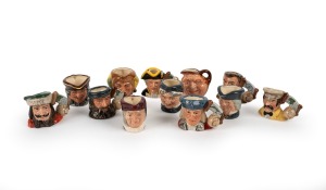ROYAL DOULTON "EXPLORERS": Set of six miniature jugs including Captain Cook, Marco Polo, and Christopher Columbus, together with six others including John Barleycorn, plus two matching display shelves. (14 items)
