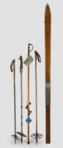 Vintage skis, three old stocks, and a lagerphone, ​​​​​​​the skis 204cm long.