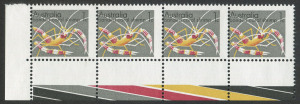 1973-74 (SG.545) Marine Life 1c Banded Coral Shrimp strip of 4 with marginal colour bars, all units with dramatic variety "Design shifted downwards and to the left", MUH.