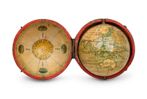 NEWTONS 2" TERRESTRIAL POCKET GLOBE in original black fish skin case with internal hand-coloured gores depicting the seasons, zodiacs and lunar cycle, bearing retailer's details "NEWTONS NEW TERESTRIAL GLOBE 1818.". ​​​​​​​A fine example in very good to e