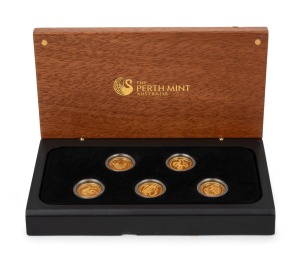 DISCOVER AUSTRALIA: Perth Mint 2009 set of five 1/10oz $15 gold proofs in jarrah lidded presentation case, limited edition of 2500, comprising Kangaroo, Dolphin, Brolga, King Brown Snake, and Echidna.