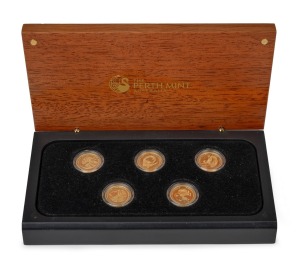DISCOVER AUSTRALIA: Perth Mint 2010 set of five 1/10oz $15 gold proofs in jarrah lidded presentation case, limited edition of 2500, comprising Frilled Neck Lizard, Common Wombat, Saltwater Crocodile, Koala, and Platypus.