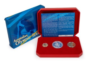 2008 AUSTRALIAN OLYMPIC TEAM: Perth Mint three-coin proof set, limited edition #563/888, comprising 0.322oz gold $60, 1oz silver $1, and aluminium bronze $1, in presentation case with box and CoA.