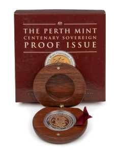 PERTH MINT 100th ANNIVERSARY SOVEREIGN: 1999 gold proof with specifications matching the original Perth Mint sovereign, set within a silver border and P100 mint mark; offered in original timber presentation case with box.