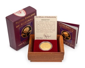1995 Floral Emblems of Australia $150 gold Proof "The Waratah" in superb timber case of issue; with CofA, booklet and original box.