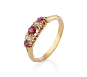 WENDT 18ct gold ring, set with rose cut diamonds and rubies, 19th century, stamped "WENDT, 18ct", 4 grams.