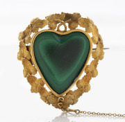 An antique Colonial yellow gold heart shaped brooch, set with polished malachite, South Australian origin, 19th century, 4.5cm high, 18.3 grams total.