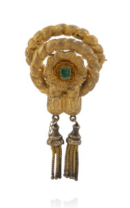 An antique Australian 15ct gold brooch with twin tassels and green stone, circa 1860, 6cm high, 9.5 grams.