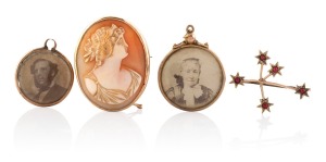 An antique 9ct gold mounted cameo brooch, together with a 9ct rose gold Southern Cross brooch with red stones, and two 9ct gold mounted photo pendants (one by WILLIS & SONS of Melbourne), 19th/20th century, (4 items), the cameo 3.8cm high.