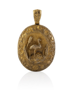 An antique Colonial Australian 18ct gold locket adorned with kangaroo in landscape and emu on the reverse, most likely Sydney origin, mid 19th century, 3.5cm high, 13.2 grams total (including internal glass)