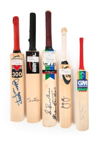 Group of five signed miniature cricket bats, comprising signatures of Shane Watson (with CoA), Allan Border and Sunil Gavaskar (with CoA), Steve Waugh, Mark Waugh, and Graham Yallop.