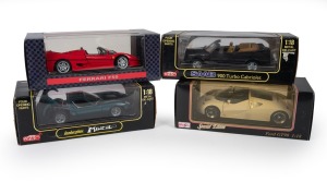 1:18 SCALE PREMIUM MODELS: Group of four 1990s 1:18 die-cast model cars, comprising Maisto 1995 Ferrari F50, Maisto Special Edition Ford GT90, Anson Lamborghini Muira, and Anson SAAB 900 Turbo Cabriolet; all as-new in original presentation boxes, each approx. 15 x 33 x 17cm. (4 items)