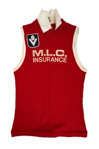 A match-worn early 1980s short-sleeved South Melbourne Swans VFL guernsey, VFL logo and "M.L.C. Insurance" branding on front, number 35 on back.