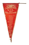 1936 South Melbourne Swans "V.F.L. Premier-Ship" pennant listing the whole team including Harry Clarke, Terry Brain, Bob Pratt, and Laurie Nash; approximately 63cm long.