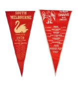 SOUTH MELBOURNE SWANS - 1970 FINALISTS: Two different pennants listing the whole team, including Bob Skilton, Norm Smith, and Peter Bedford; both approx. 42cm long. (2 items)