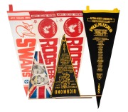 PENNANTS: Group of six comprising "Richmond Finals 1967" (Premiership year), South Melbourne F.C., Altona North 1985 Premiers, North Adelaide Roosters (x2), plus 1937 King George VI Coronation. (6 items)