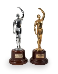 225 · Keith Stackpole's 1970 Caltex Sports Star Of The Month award for cricket (name inscribed), together with his 1971 Caltex Sports Star Of The Year award for cricket (name uninscribed); both 33cm tall including plinths. (2 items)