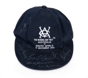 VCA BOXING DAY TEST 2001: Australia V South Africa cricket cap with embroidered "VCA" logo on front, with nine signatures including those of Bill Lawry, Keith Stackpole, Bob Cowper, and Merv Hughes.