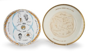 227 · Keith Stackpole's Royal Worcester 1st May 1971 Australian Cricket Team On Tour plate, featuring 20+ signatures include those of Ian Chappell (captain) and Keith Stackpole, Royal Worcester symbol on reverse; together with Coalport 1980 Centenary Test England V. Australia plate, with dedication "Presented By Garuda Indonesian Airways To K.R. Stackpole MBE". (2 items)