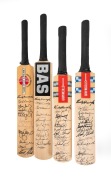 SIGNED MINIATURE CRICKET BATS: Group of four, all bearing many signatures (cricketers and footballers) on both front and back, including those of Ron Barassi, Alex Jesaulenko, Peter Bedford, Keith Stackpole, Bill Lawry, Ian Redpath, Ian Chappell, and Greg