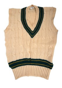 223 · Keith Stackpole's late 1960s Australian Test Team match-worn cricket woollen jumper (sleeveless); tag reads "Handframed by Guildknit of Guildford England".