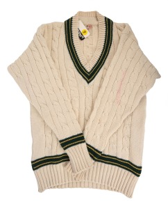 Australian Test Team long-sleeved woollen cricket jumper owned by Keith Stackpole, c. 1974, tag reads "Jaeger - All Wool - Made In Great Britain".