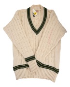 Australian Test Team long-sleeved woollen cricket jumper owned by Keith Stackpole, c. 1974, tag reads "Jaeger - All Wool - Made In Great Britain".