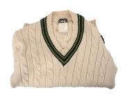 Australian Test Team long-sleeved woollen cricket jumper owned by Keith Stackpole, c. 1974, tag reads "Jaeger - All Wool - Made In Great Britain". - 2