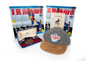 228 · Remainder lot of eight football items including 1971 Collingwood Old Players' Association dinner menu with 50+ signatures including those of Jack Ryder, Bob Rose, Brian Taber, Tom Sherrin, Bill Twomey, Ray Gabelich, and Bruce Andrew; a 1989 Carlton 125th Anniversary Medallion in case, a 1996 Swans cap signed by Ron Barassi and Bob Skilton, and others.