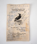 Remainder lot of eight football items including 1971 Collingwood Old Players' Association dinner menu with 50+ signatures including those of Jack Ryder, Bob Rose, Brian Taber, Tom Sherrin, Bill Twomey, Ray Gabelich, and Bruce Andrew; a 1989 Carlton 125th - 3