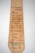 VICTORIA v QUEENSLAND 1946: Wooden paddle signed by fifteen players including Jack Ryder, Des Fothergill, Bill Johnston, and Keith Stackpole Sr.; length 45cm. - 2