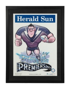 FC BAYERN MUNICH: An attractively framed and glazed guernsey, "UEFA Champions League" text on front; 92 x 77cm overall, plus framed and glazed Herald Sun Mark Knight Melbourne Storm 2009 Premiers display. (2 items)