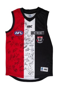 AFL "On-Field Team Gear" St. Kilda guernsey, signed by more than forty members of an early 2010s St. Kilda roster, including Nick Riewoldt, Leigh Montagna, and Brendon Goddard.