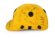 1992 Australian One Day International team batting helmet with Australian Coat of Arms to front panel, signed in pen by numerous cricketing greats present at the match, including Don Bradman, Greg Chappell, David Boon, Glenn McGrath, Ian Healy, Mark Taylo - 2