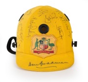 1992 Australian One Day International team batting helmet with Australian Coat of Arms to front panel, signed in pen by numerous cricketing greats present at the match, including Don Bradman, Greg Chappell, David Boon, Glenn McGrath, Ian Healy, Mark Taylo - 6