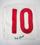 BOB PRATT: 1975 long-sleeved South Melbourne Swans VFL guernsey (with Sherwood Royal maker's label), number 10 on back, signed by Pratt on both front and back. Likely originally belonged to Brian Woodman, who wore that player number at this time. - 4